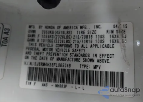 2015 Honda Cr-V Lx из США, поврежденный, VIN 5J6RM4H38FL065049